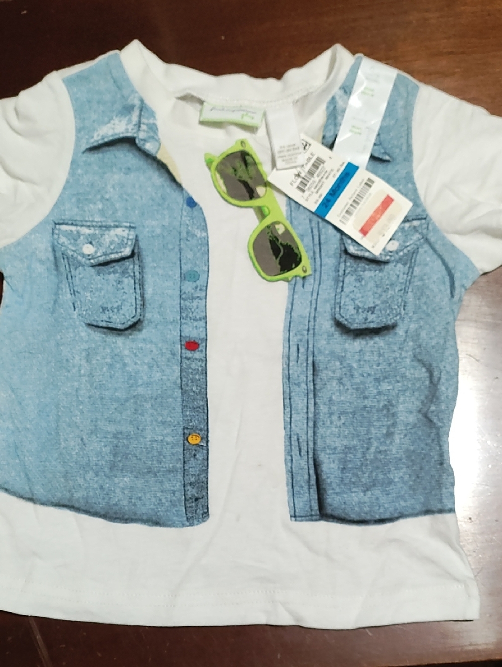 NEW! 24 Mo.First Impressions White Tee, Light Blue Denim Vest Print, Lime Accent